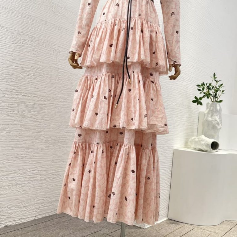 Zimmermann High Quality pink rose flowers print long sleeve v neck cascading pleat midi dress 100%Cotton-4