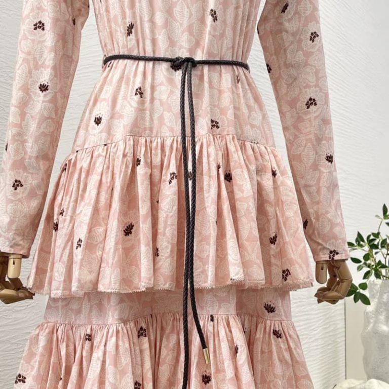 Zimmermann High Quality pink rose flowers print long sleeve v neck cascading pleat midi dress 100%Cotton-5