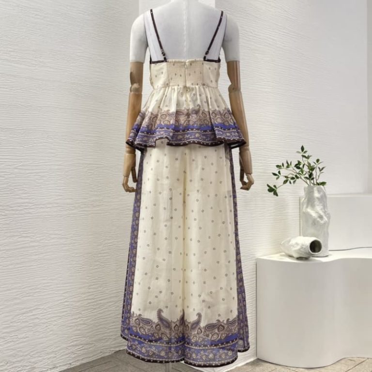 Zimmermann High Quality purple violet paisley print sleeveless backless blouse tops and pants set 100%Linen-6