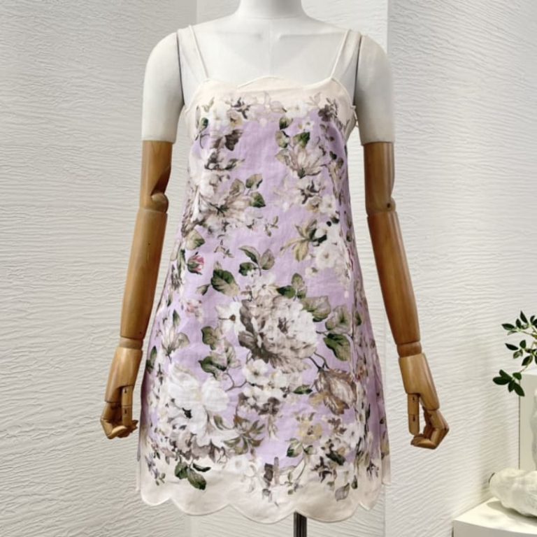 Zimmermann High Quality violet purple lilac purple flowers print sleeveless backless shell edge sling loose mini dress 100%Linen-1