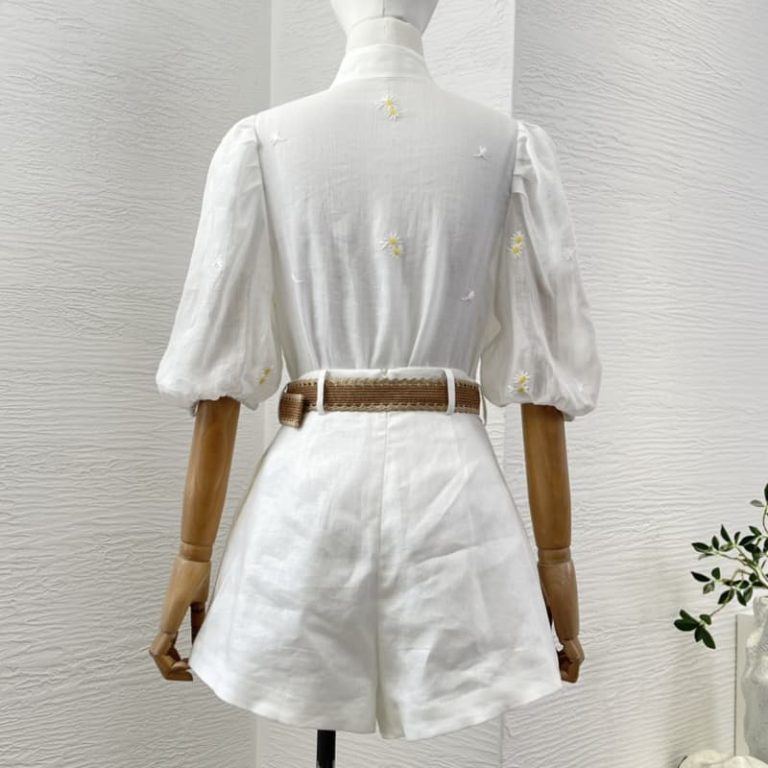 Zimmermann High Quality white short sleeve lace patchwork ruffles embroidery flowers blouse tops and shorts set 100% Ramie tops 100%Linen shorts-10