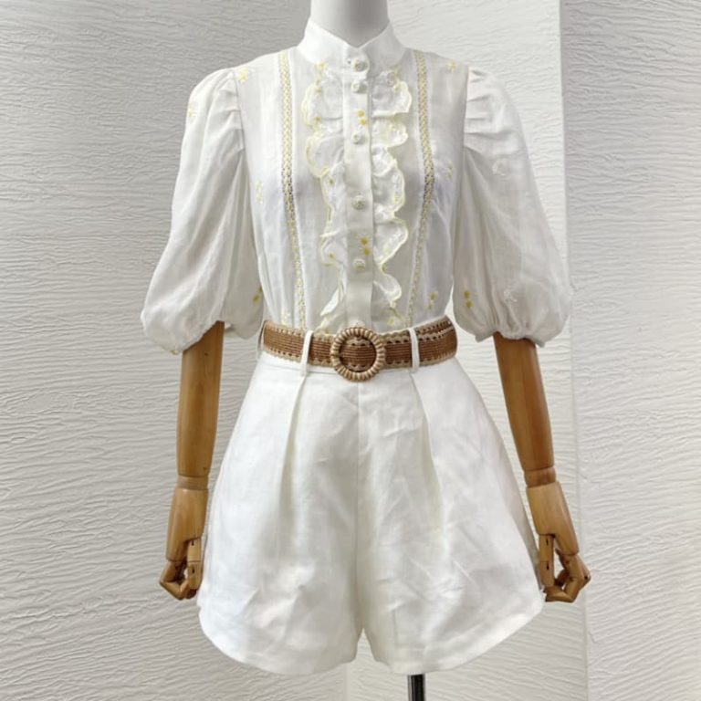 Zimmermann High Quality white short sleeve lace patchwork ruffles embroidery flowers blouse tops and shorts set 100% Ramie tops 100%Linen shorts-9