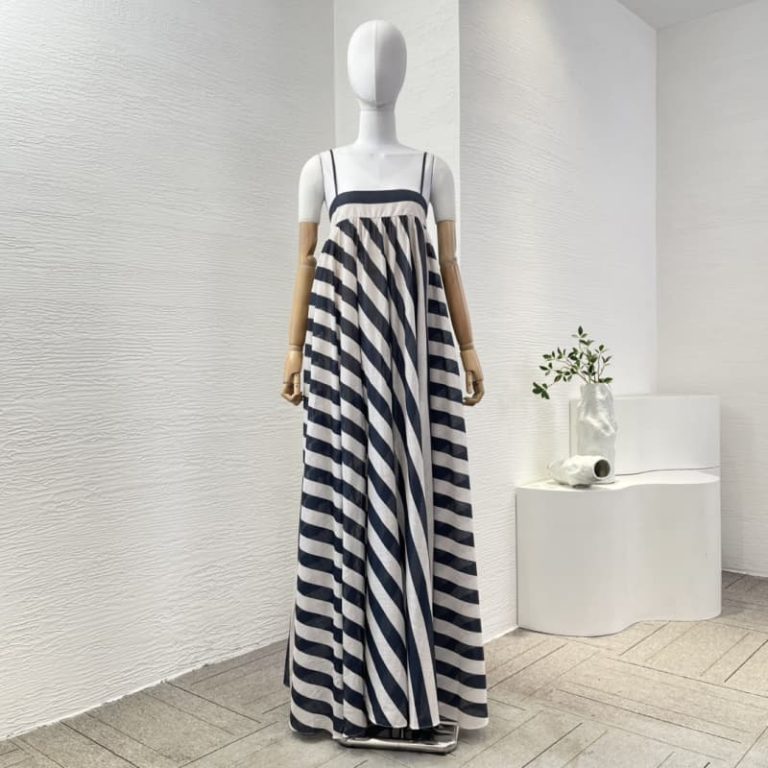 Zimmermann best quality 100% cotton black white striped sling Square collar maxi long dress