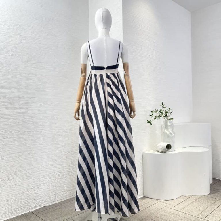 Zimmermann best quality 100% cotton black white striped sling Square collar maxi long dress2