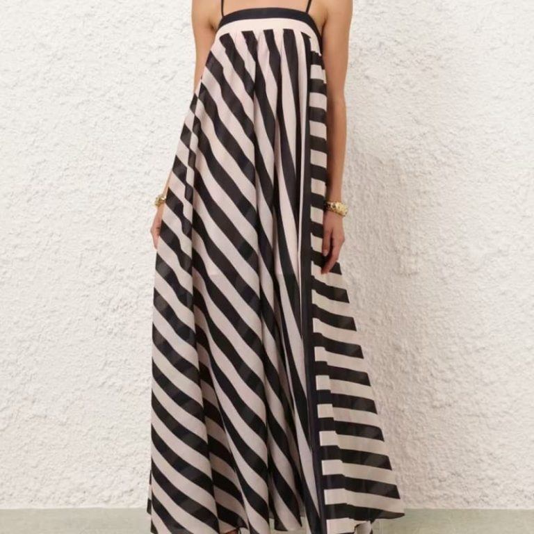 Zimmermann best quality 100% cotton black white striped sling Square collar maxi long dress4