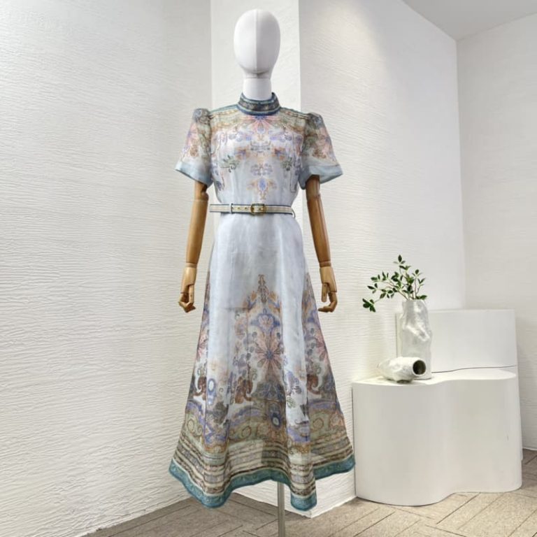 Zimmermann best quality blue paisley print short sleeve slim fit waist belt midi dress FZ322