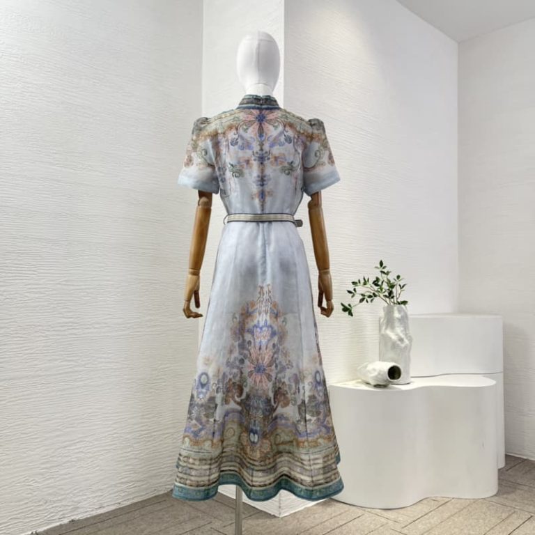 Zimmermann best quality blue paisley print short sleeve slim fit waist belt midi dress2