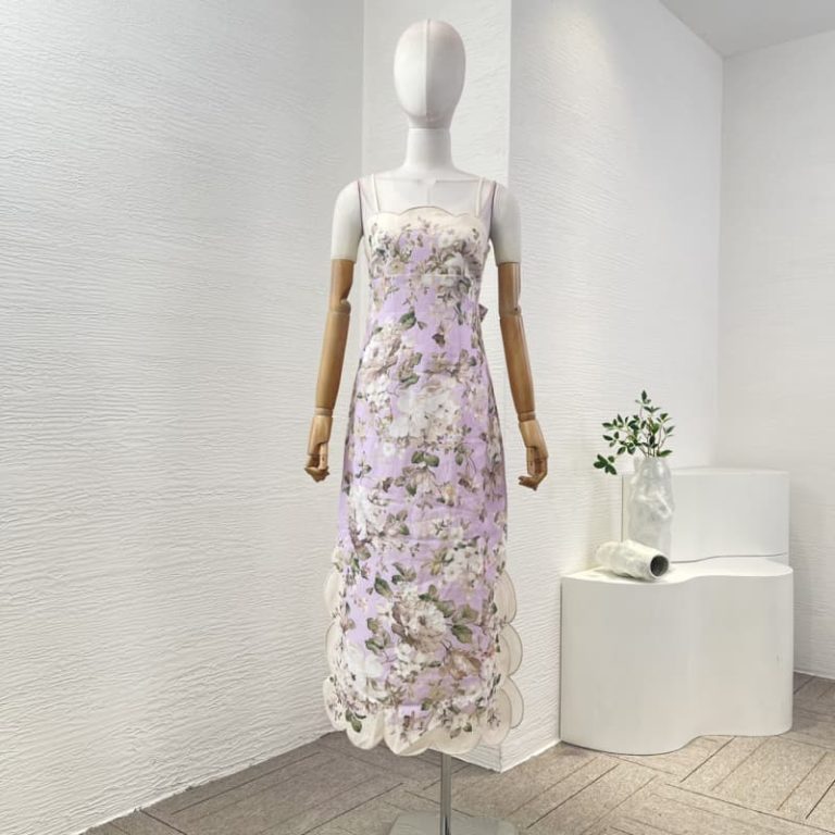 Zimmermann best quality linen violet purple lilac purple flowers print sleeveless backless shell edge sling midi dress