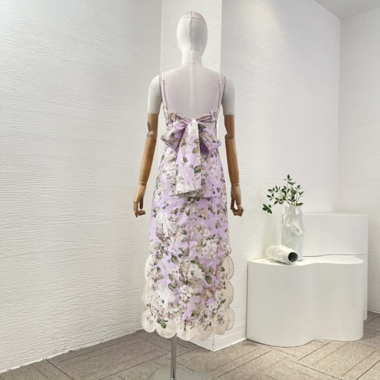 Zimmermann best quality linen violet purple lilac purple flowers print sleeveless backless shell edge sling midi dress1