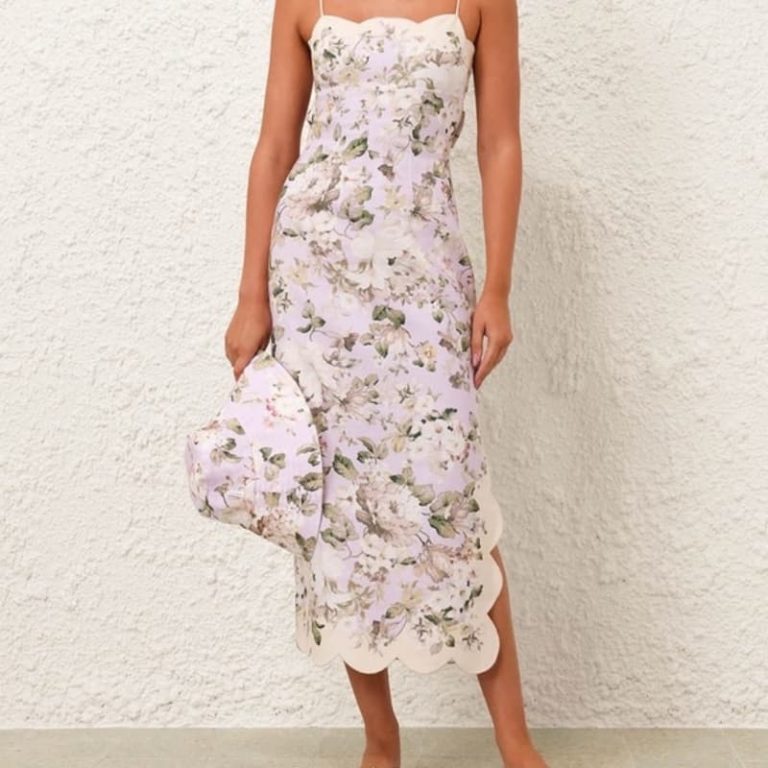 Zimmermann best quality linen violet purple lilac purple flowers print sleeveless backless shell edge sling midi dress2