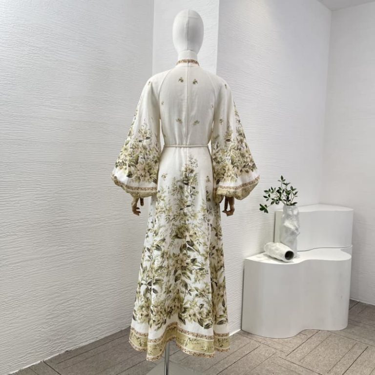 Zimmermann best quality linen white green flowers print long sleeve midi loose dress`