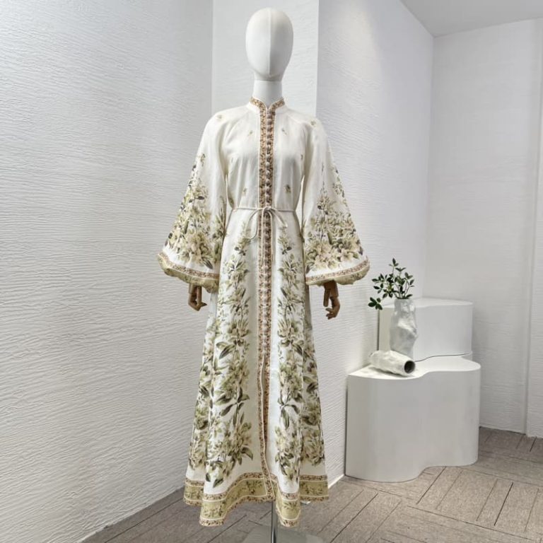 Zimmermann best quality linen white green flowers print long sleeve midi loose dress