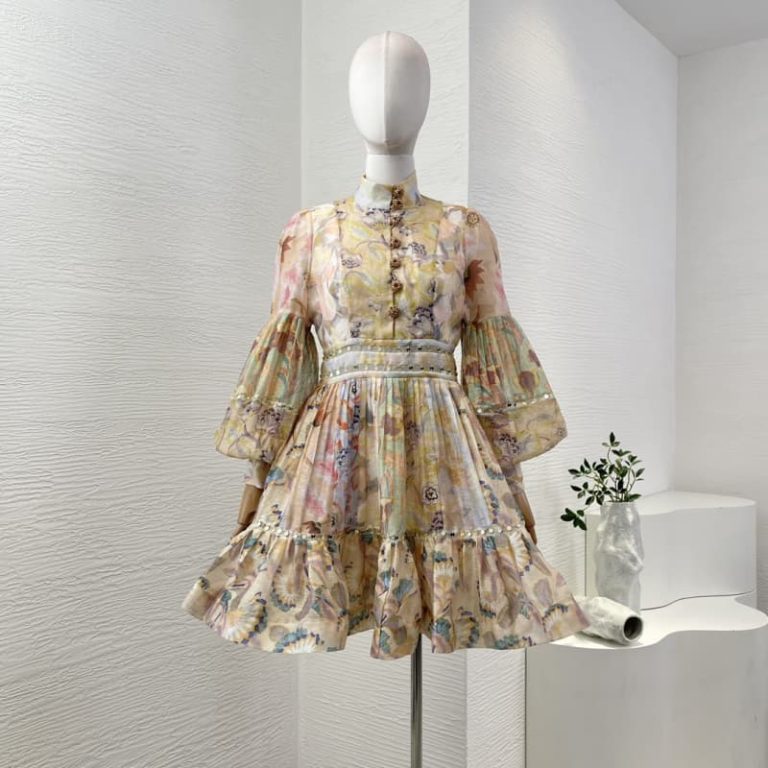 Zimmermann best quality multi color pleat ruched floral print long sleeve mini dress