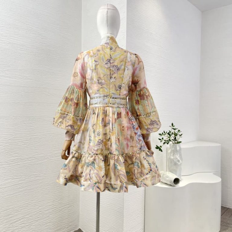 Zimmermann best quality silk and linen multi color pleat ruched floral print long sleeve mini dress