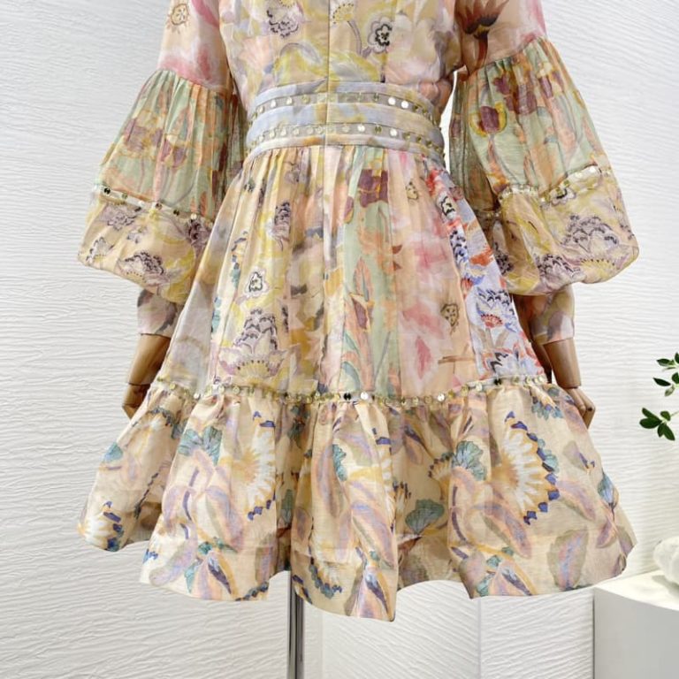 Zimmermann best quality silk and linen multi color pleat ruched floral print long sleeve mini dress3