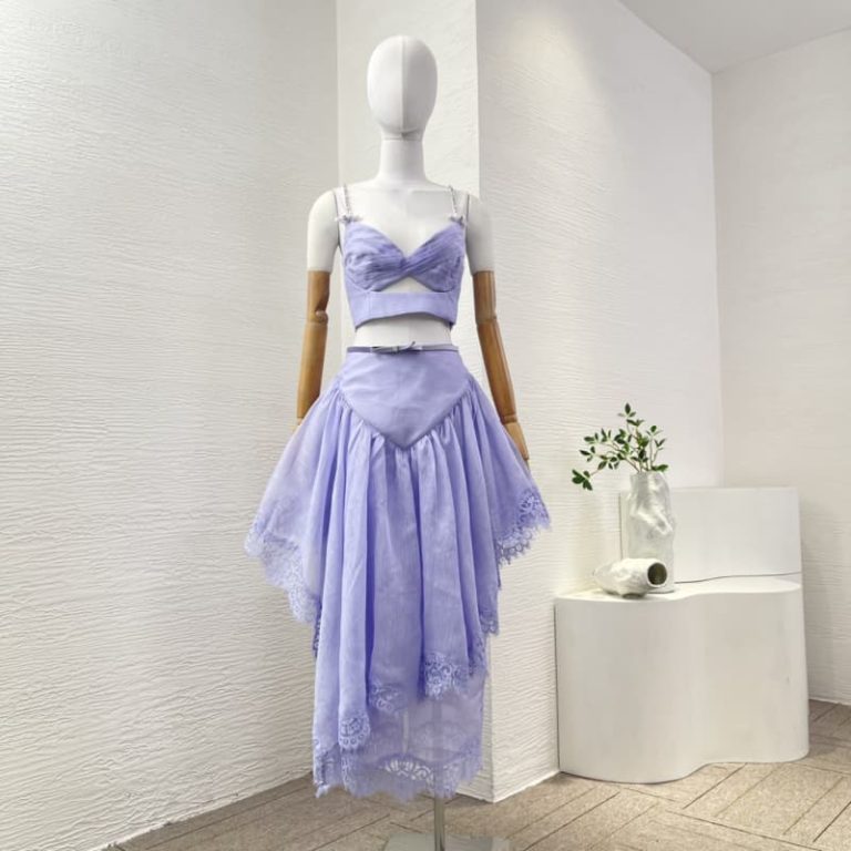 Zimmermann best quality silk linen purpler violet sleeveless pleat cut out blouse tops and lace Irregular hem skirt set7