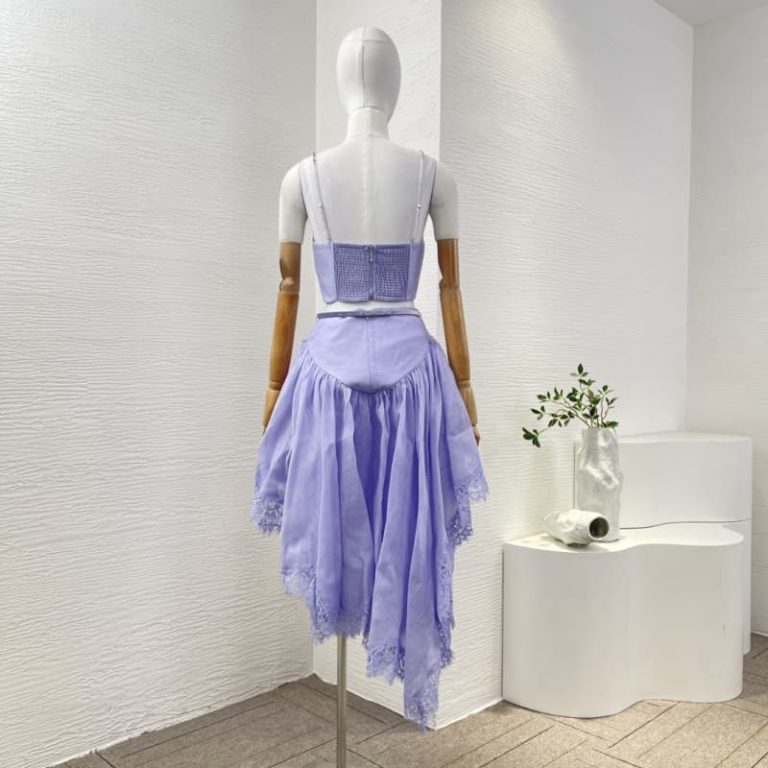 Zimmermann best quality silk linen purpler violet sleeveless pleat cut out blouse tops and lace Irregular hem skirt set8