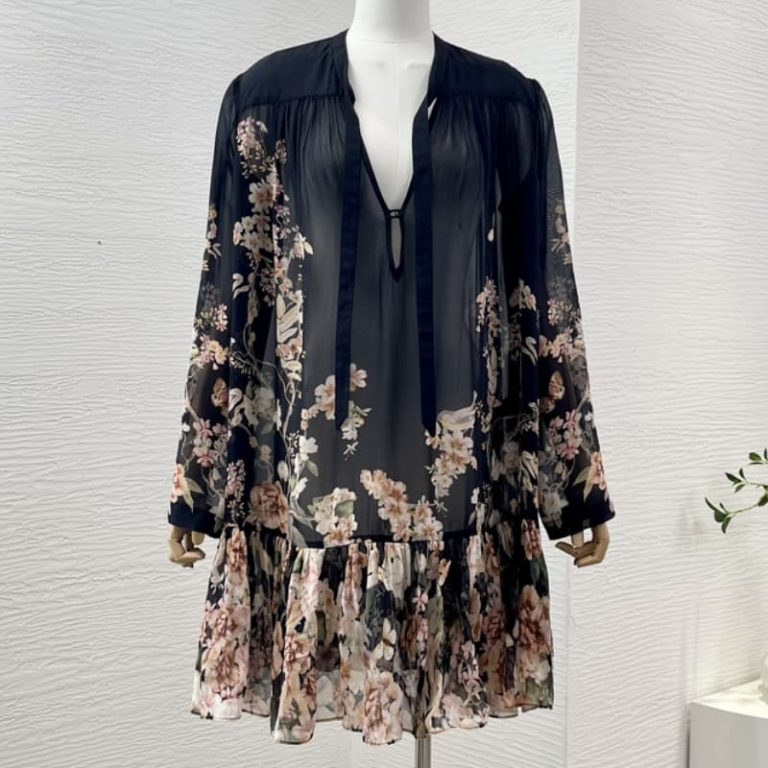 Zimmermann high quality black floral print long sleeve mini dress 100%Viscose-1