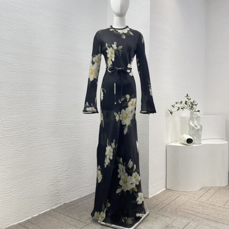 Zimmermann high quality black magnolia flower print long bell sleeve o neck organza maxi dress 92%Silk 8%Elastane-1