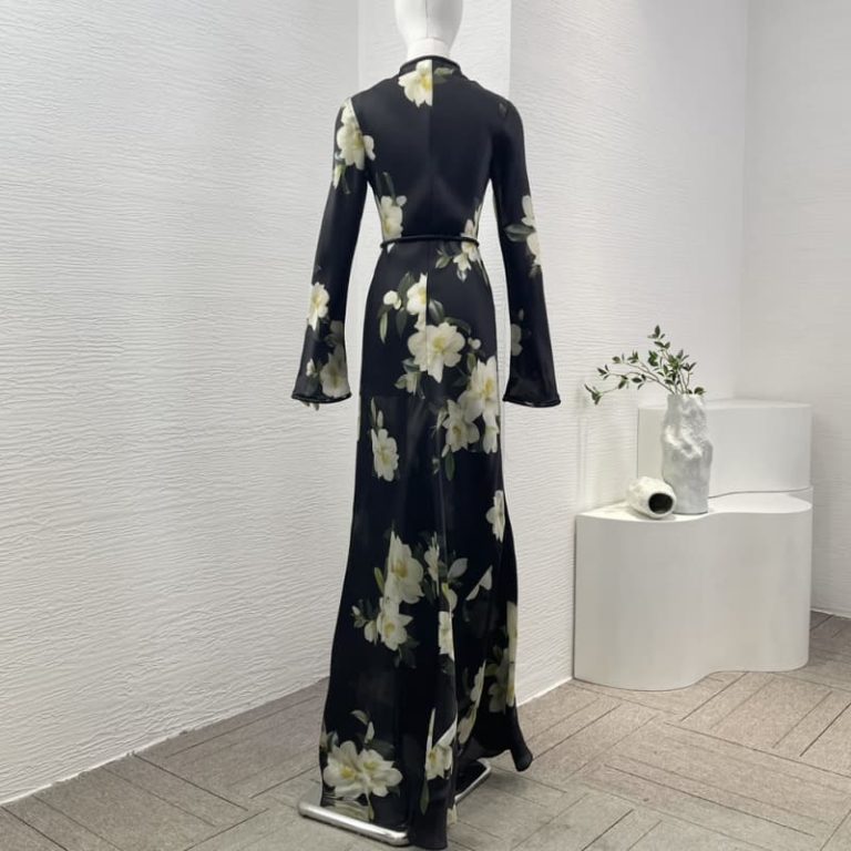 Zimmermann high quality black magnolia flower print long bell sleeve o neck organza maxi dress 92%Silk 8%Elastane-2