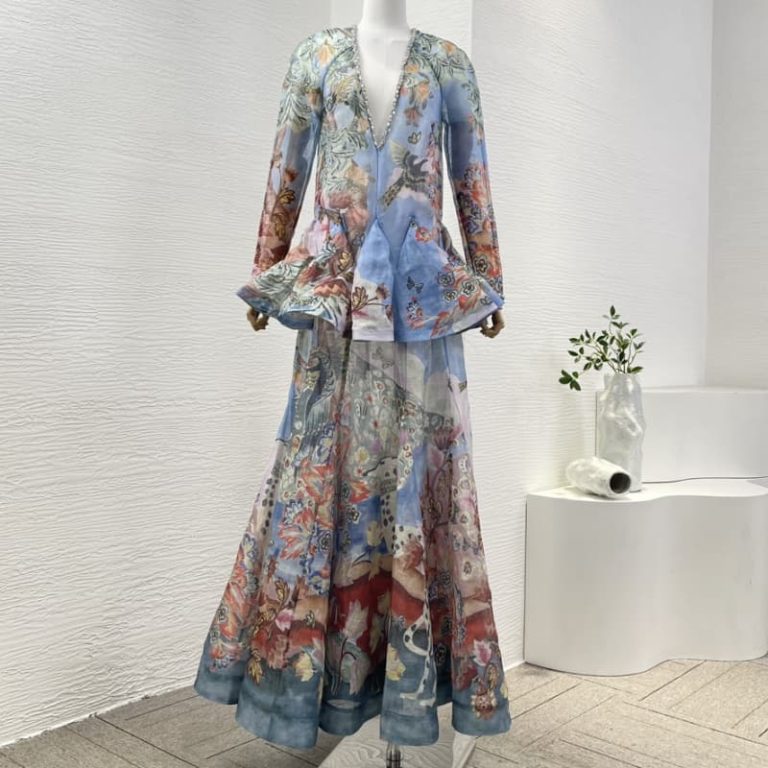 Zimmermann high quality blue floral print ruffles v neck pleat ruched long sleeve maxi dress 55%Linen 45%Silk-1