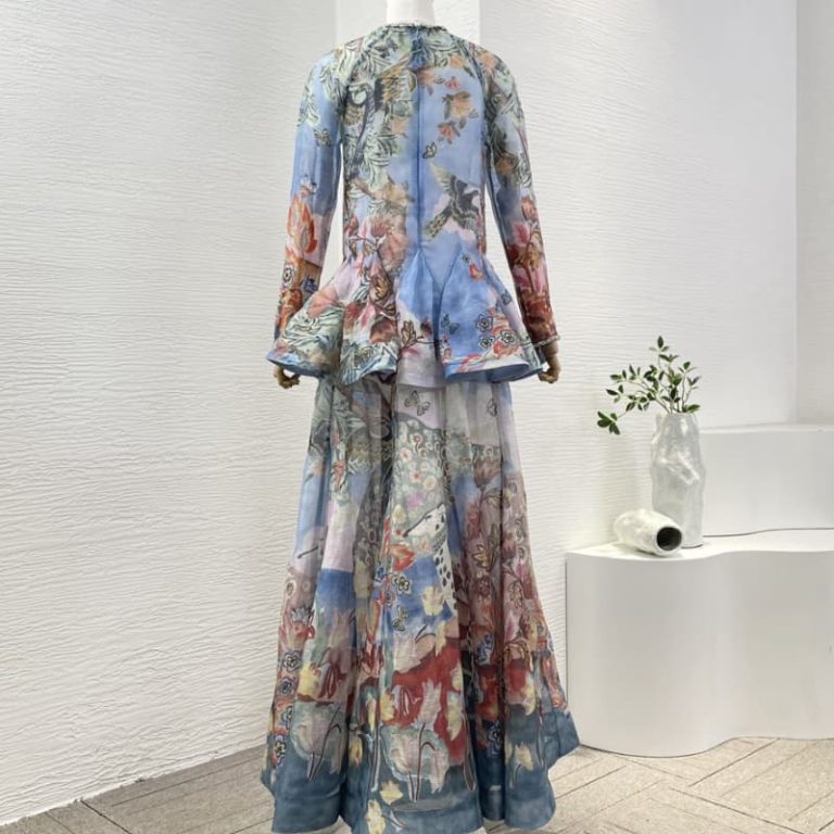 Zimmermann high quality blue floral print ruffles v neck pleat ruched long sleeve maxi dress 55%Linen 45%Silk-2