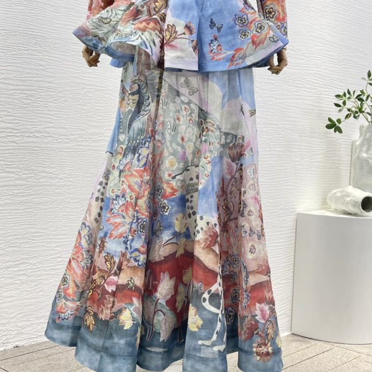 Zimmermann high quality blue floral print ruffles v neck pleat ruched long sleeve maxi dress 55%Linen 45%Silk-5