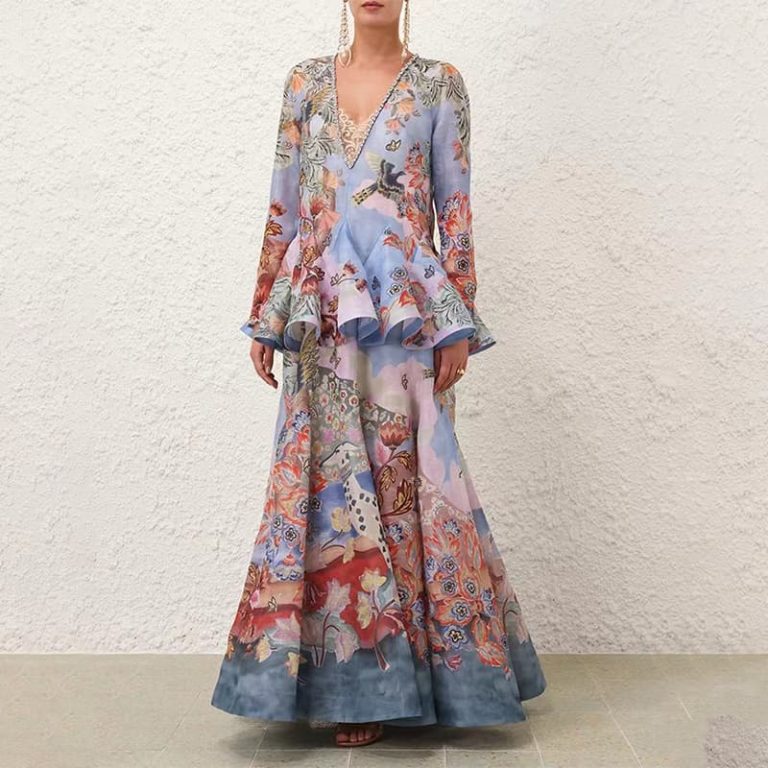 Zimmermann high quality blue floral print ruffles v neck pleat ruched long sleeve maxi dress 55%Linen 45%Silk-7