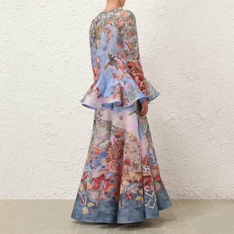 Zimmermann high quality blue floral print ruffles v neck pleat ruched long sleeve maxi dress 55%Linen 45%Silk-8