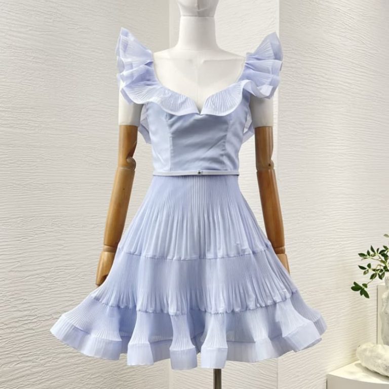 Zimmermann high quality blue ruffles trim at neckline pleat ruched sweetheart neckline mini dress 100%Polyester-1