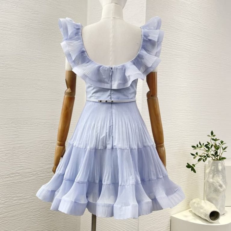 Zimmermann high quality blue ruffles trim at neckline pleat ruched sweetheart neckline mini dress 100%Polyester-2