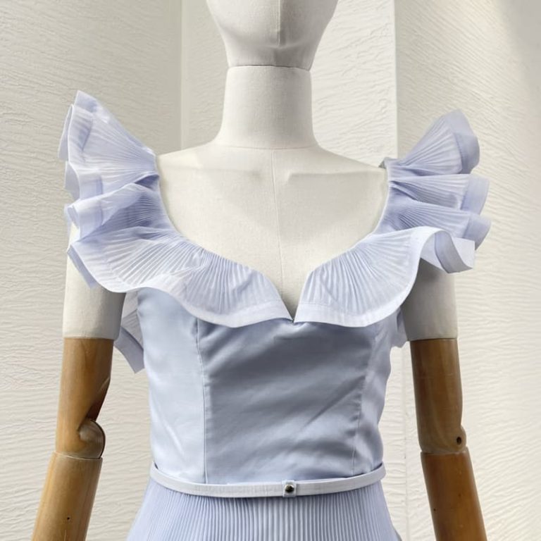 Zimmermann high quality blue ruffles trim at neckline pleat ruched sweetheart neckline mini dress 100%Polyester-3