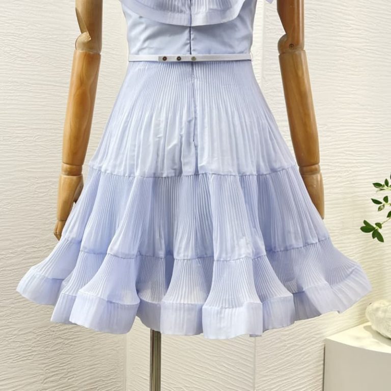 Zimmermann high quality blue ruffles trim at neckline pleat ruched sweetheart neckline mini dress 100%Polyester-4