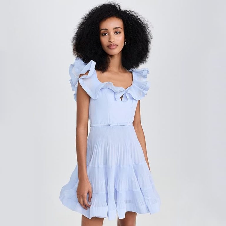 Zimmermann high quality blue ruffles trim at neckline pleat ruched sweetheart neckline mini dress 100%Polyester-7