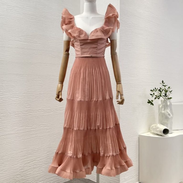 Zimmermann high quality red ruffles trim at neckline pleat ruched sweetheart neckline midi dress 100%Polyester-1